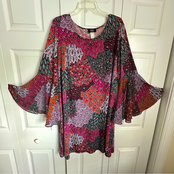 MSK Dress Womens L/XL Paisley Bell Sleeve Boho Tunic Mini Stretch Flowy Retro - Picture 1 of 11